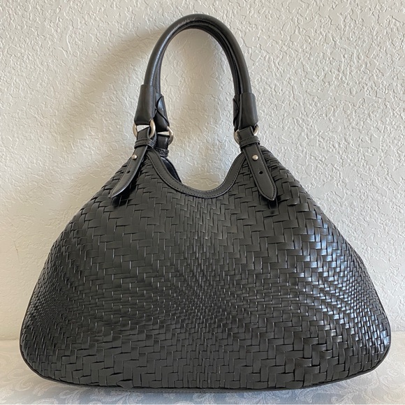 Cole Haan Handbags - Cole Haan black leather Genevieve Weave Triangle Tote